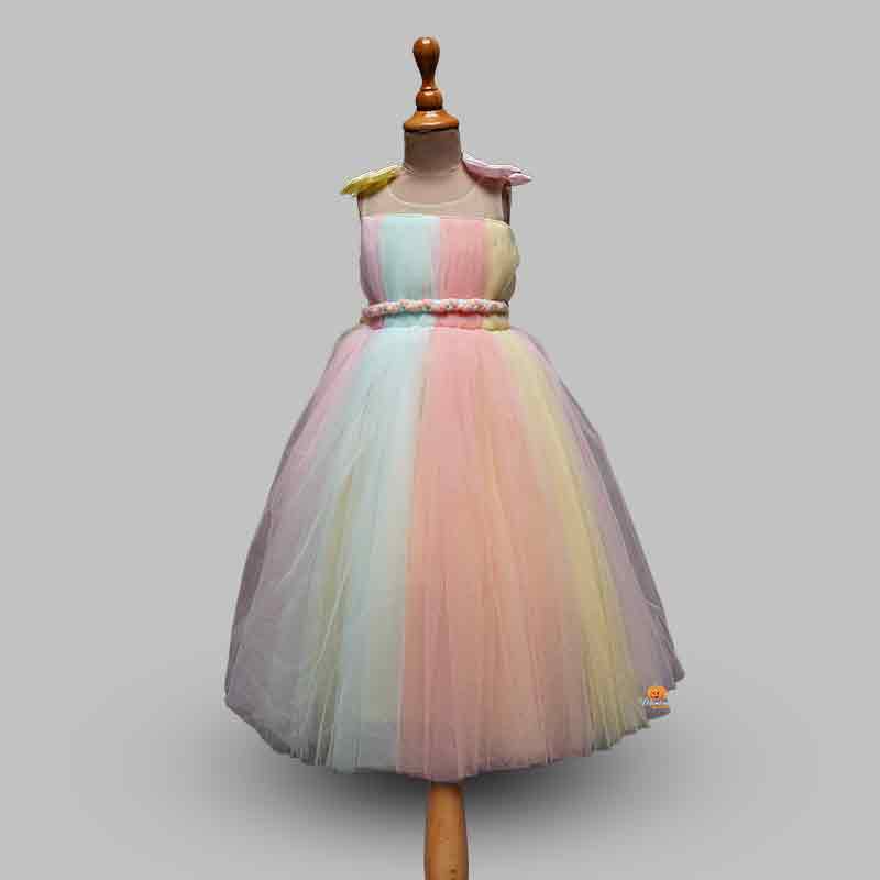 Multicolored Shoulder Bow Girls Gown Front View