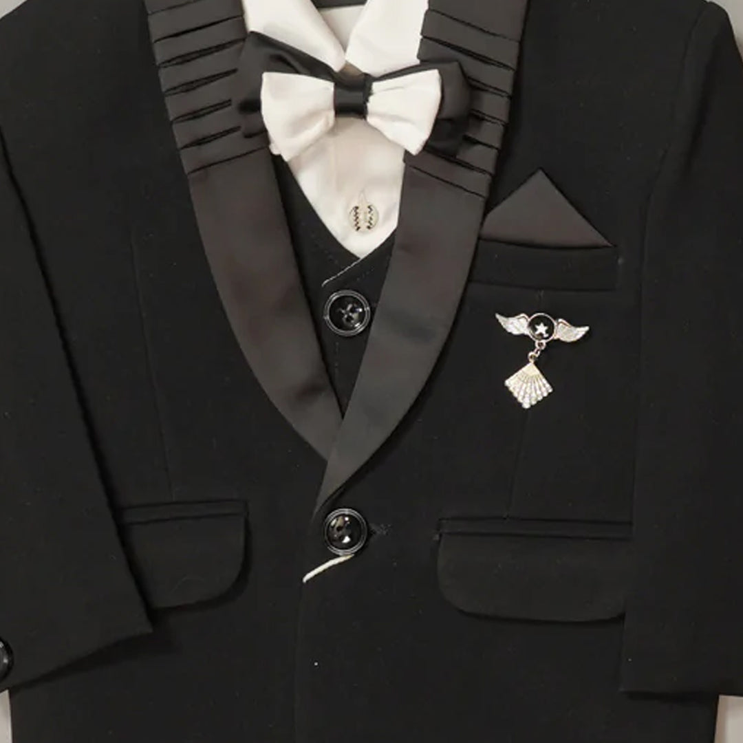 Black Party Wear Tuxedo for Boys with Bow Close Up View 