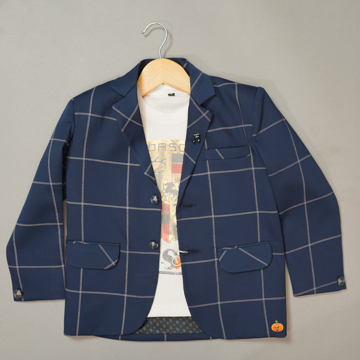 Check Patterns Blazer For Boys With T-Shirt Front View