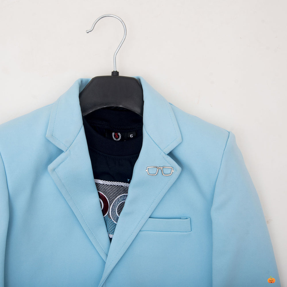 Sky Blue Blazer for Boys with T-shirt Close Up View