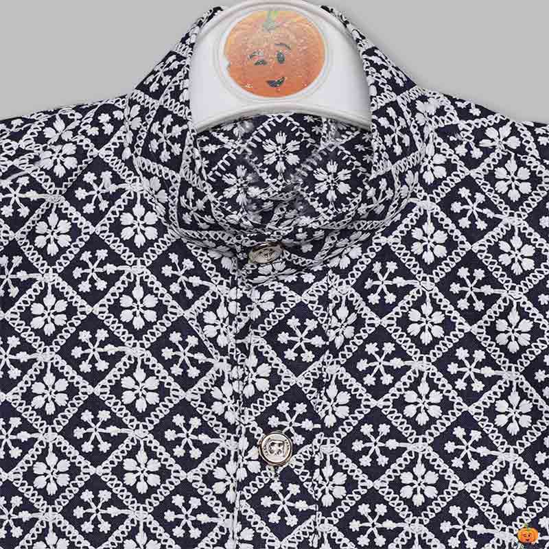 Navy Blue Embroidered Boys Kurta Pajama Close Up View