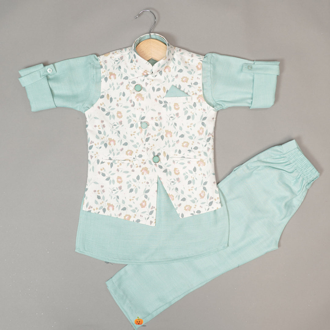 Sea Green Boys Kurta Pajama with Jacket Front View