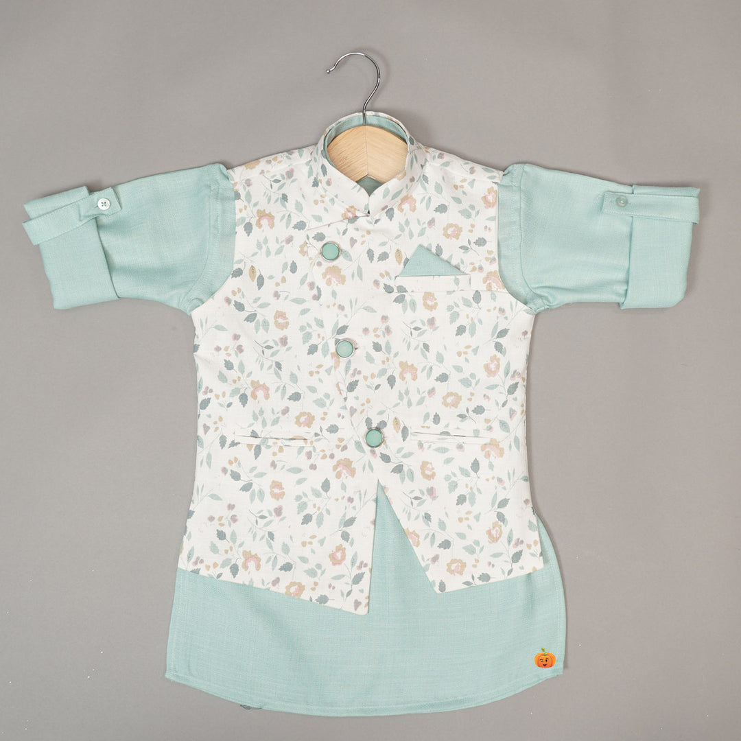 Sea Green Boys Kurta Pajama with Jacket Top View