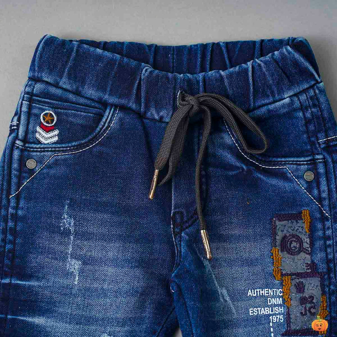Blue Drawstring Boys Jeans Close Up View