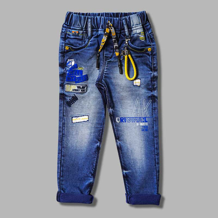 Blue & Dark Blue Drawstring Jeans for Boys Front 