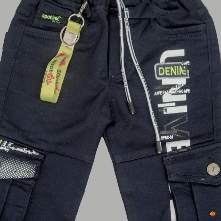 Navy Blue Elastic Waist Boys Jeans Close Up View