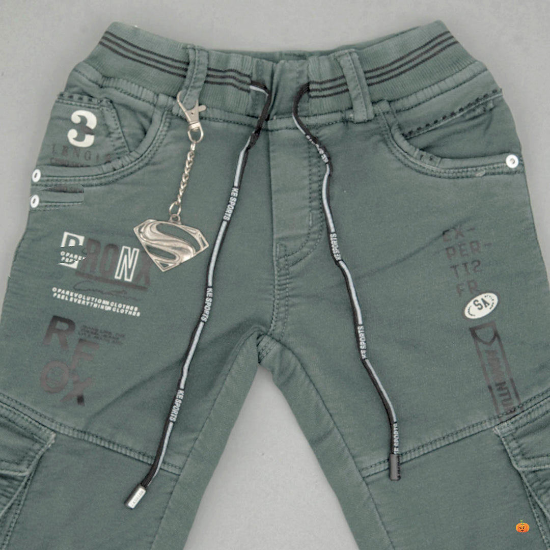 Green & Khaki Drawstring Boys Jeans Close Up View