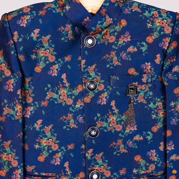 Blue Floral Printed Jodhpuri Suit for Boys Close Up View
