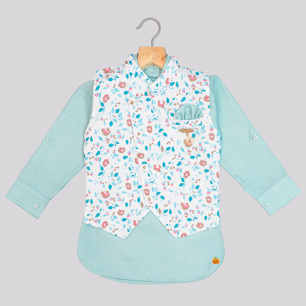 Sea Green Floral Boys Kurta Pajama with Jacket Front View