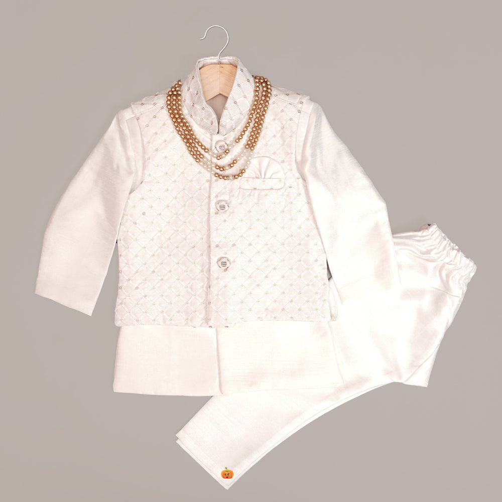 White & Fawn Boys Kurta Pajama with Nehru jacket Front View