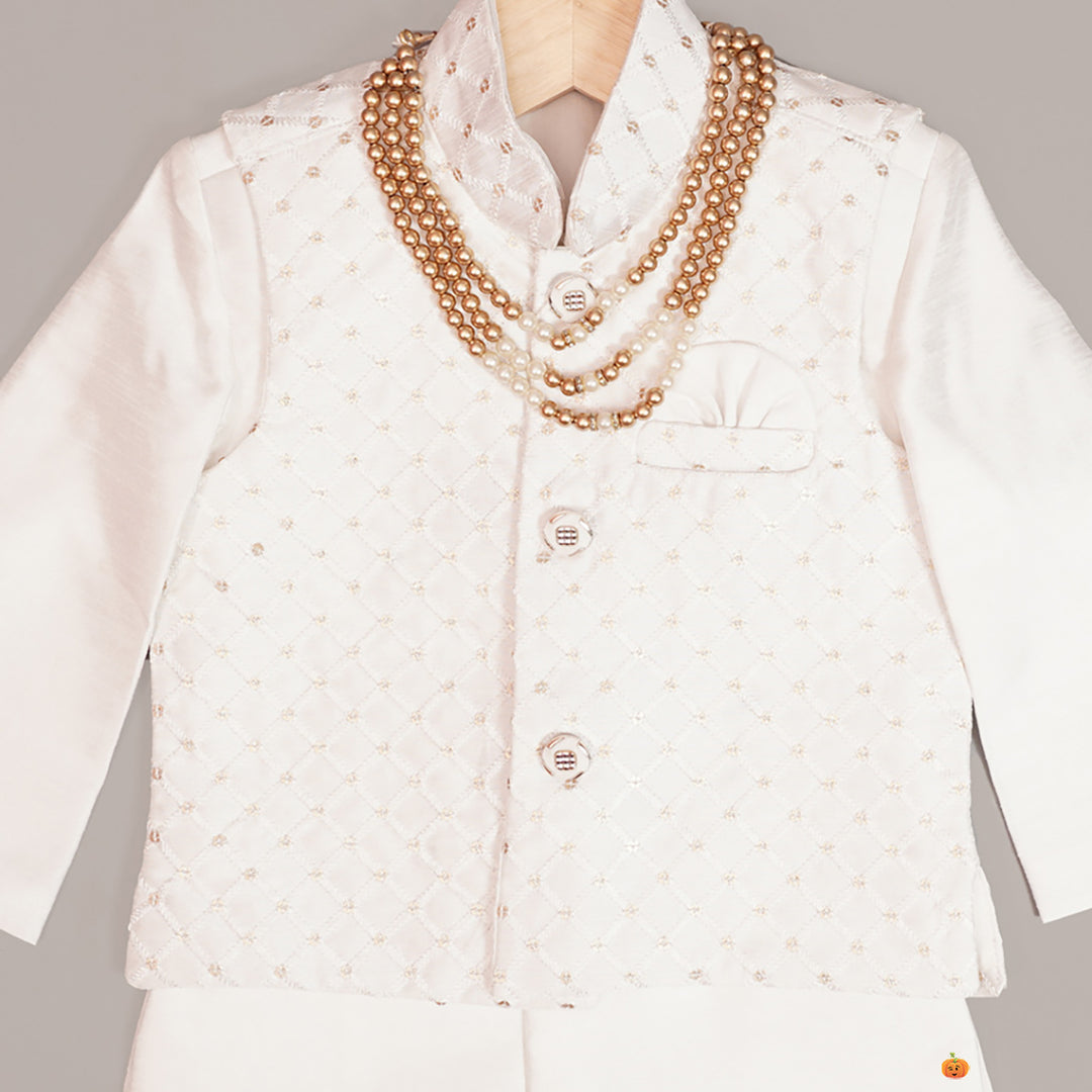White & Fawn Boys Kurta Pajama with Nehru jacket Close Up View