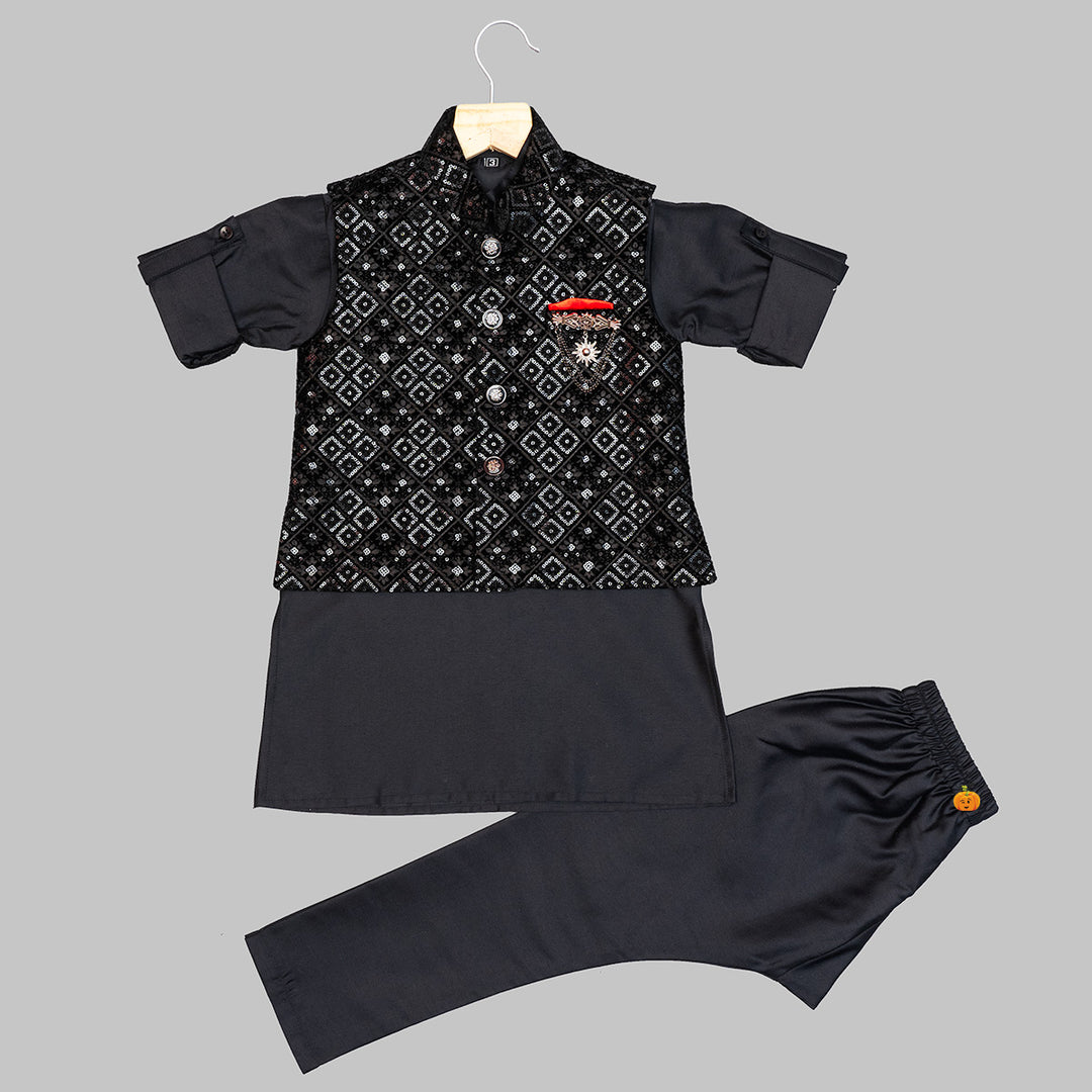 Black Kurta Pajama for Boys with Jacket Front View