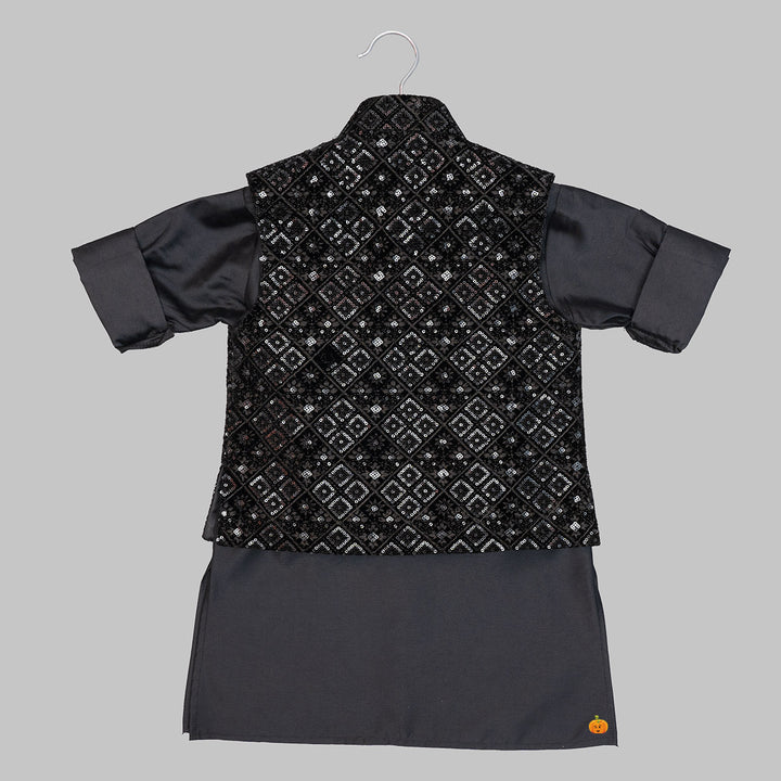 Black Kurta Pajama for Boys with Jacket Back View