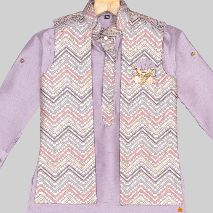 Onion Kurta Pajama for Boys with Jacket Close Up View