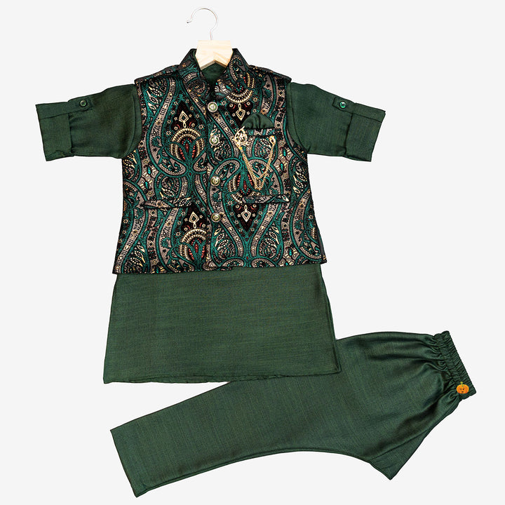 Green Printed Boys Kurta Pajama Front View