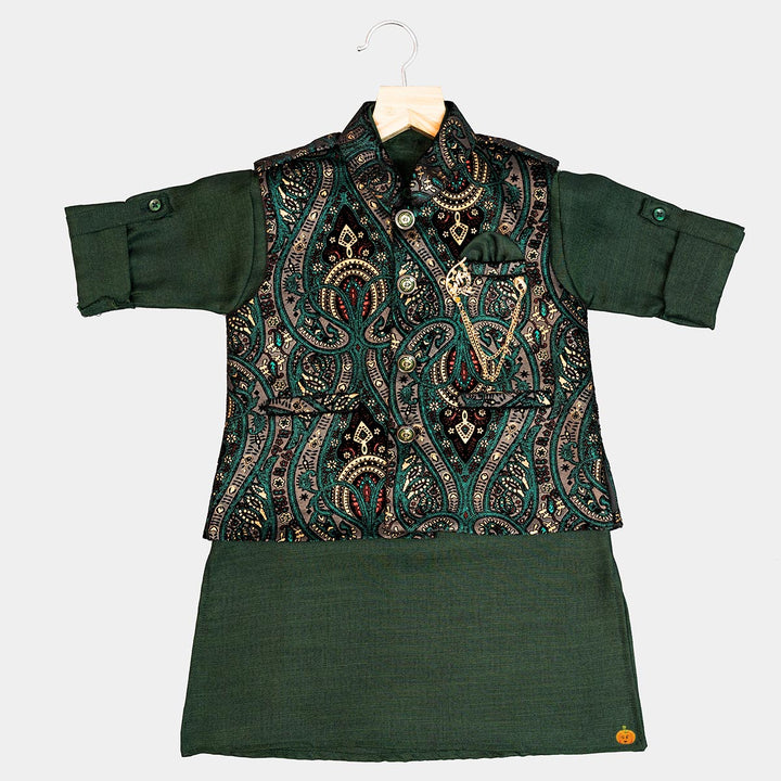 Green Printed Boys Kurta Pajama Top View