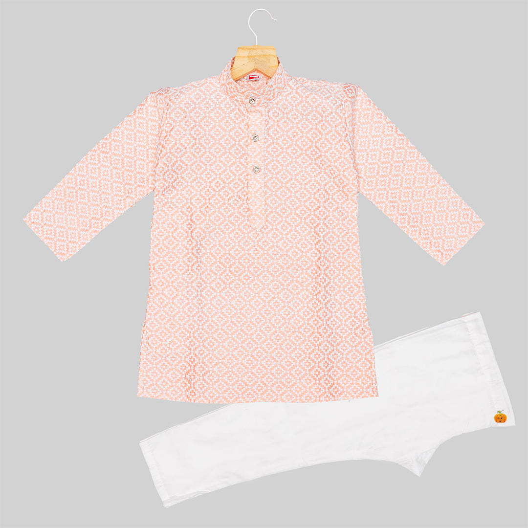 Peach Embroidered Boys Kurta Pajama Front View