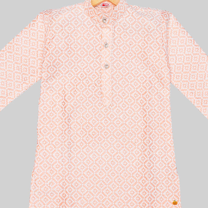 Peach Embroidered Boys Kurta Pajama Close Up View