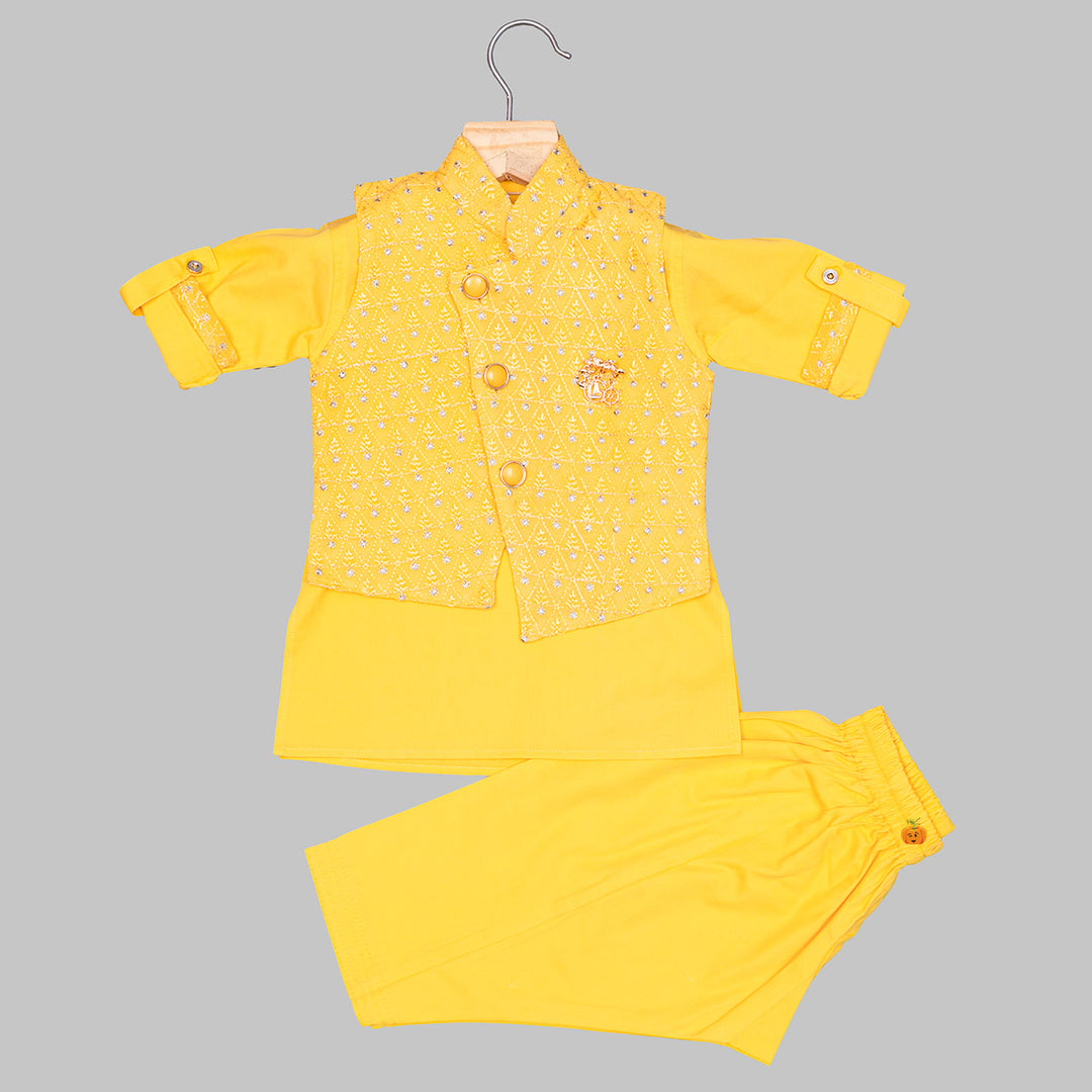 Yellow Embroidered Boys Kurta Pajama Front View