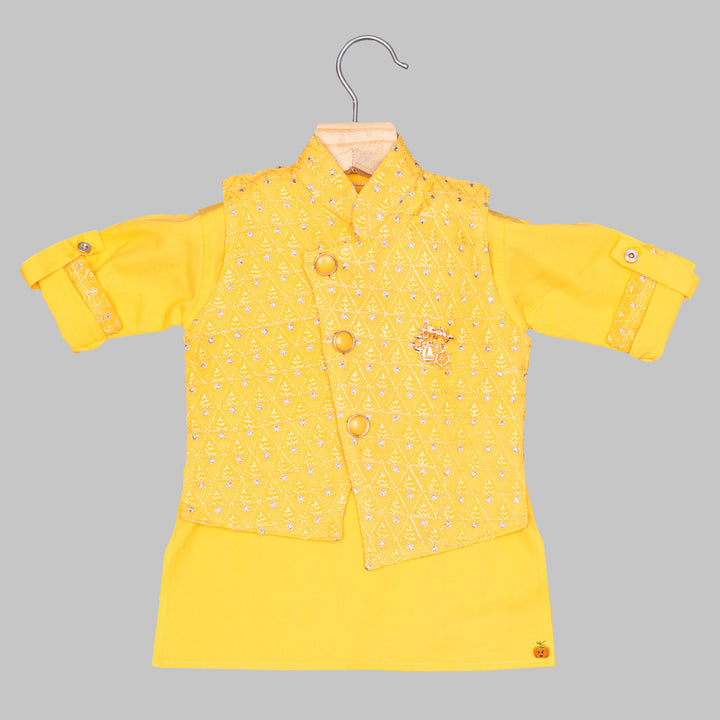 Yellow Embroidered Boys Kurta Pajama Top View