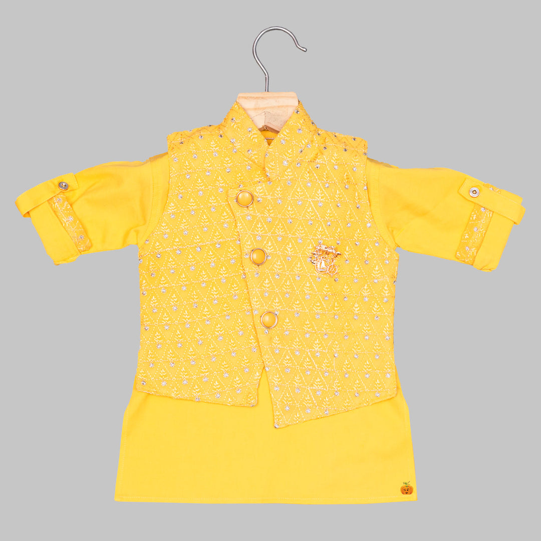 Yellow Embroidered Boys Kurta Pajama Top View