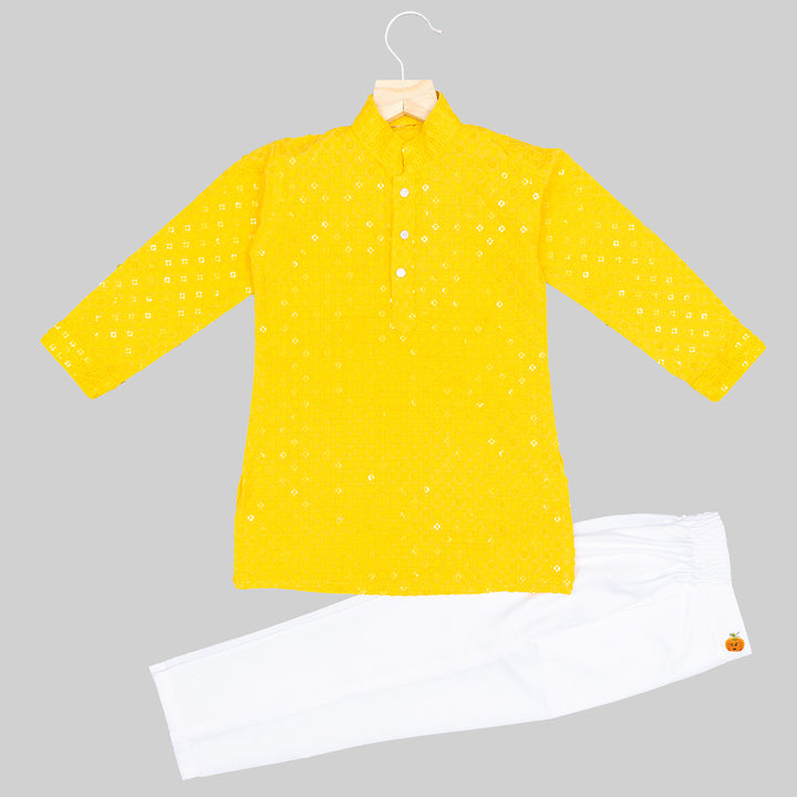 Yellow Sequins Boys Kurta Pajama Front View