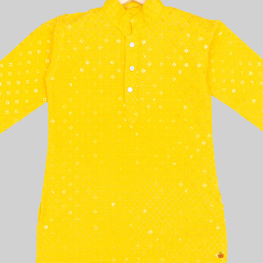 Yellow Sequins Boys Kurta Pajama Close Up View