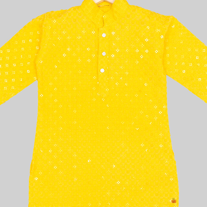 Yellow Sequins Boys Kurta Pajama Close Up View