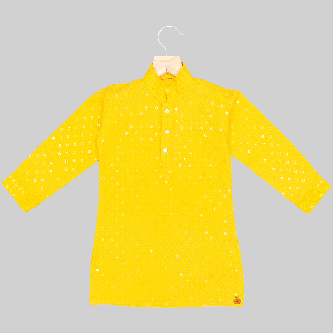 Yellow Sequins Boys Kurta Pajama Top View