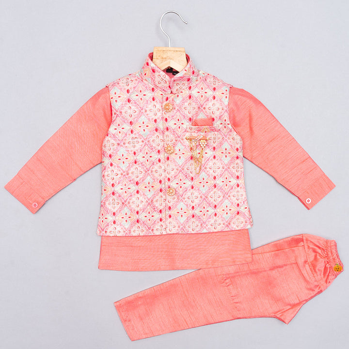 Yellow & Pink Kurta Pajama with Printed Jacket Front View