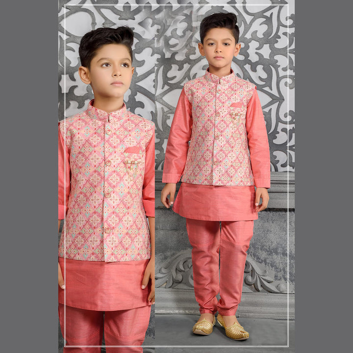 Yellow & Pink Kurta Pajama with Printed Jacket