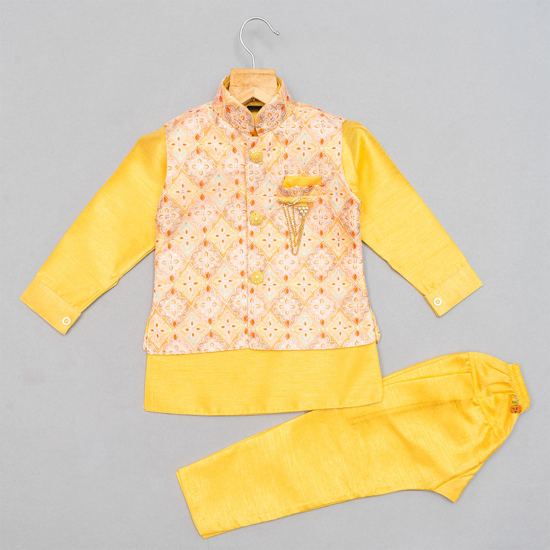 Yellow & Pink Kurta Pajama with Printed Jacket Front View