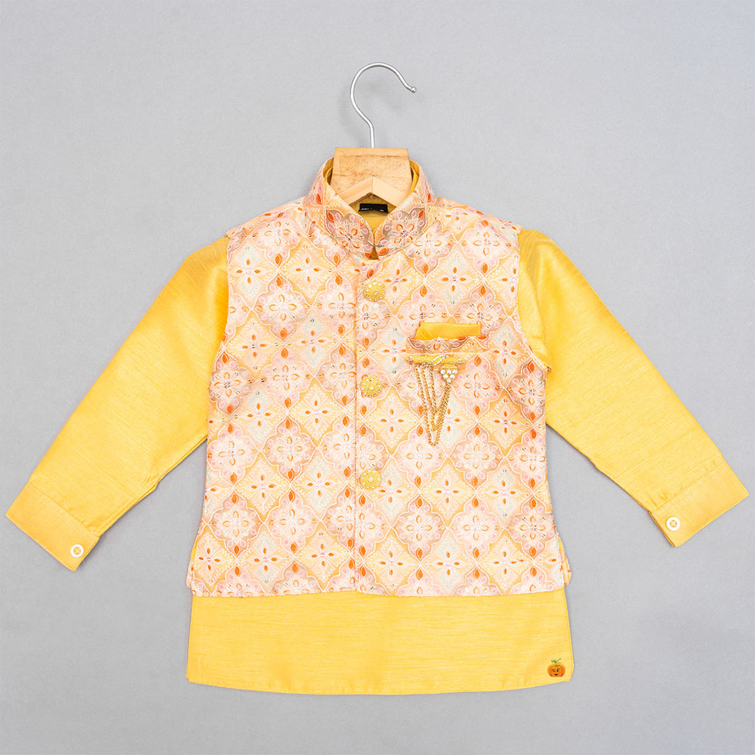 Yellow & Pink Kurta Pajama with Printed Jacket Top View