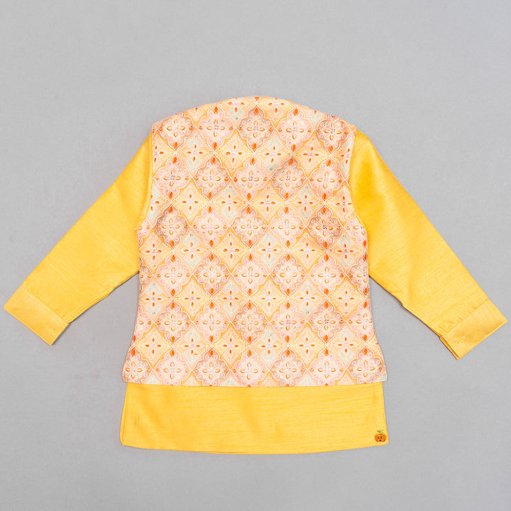 Yellow & Pink Kurta Pajama with Printed Jacket Back View
