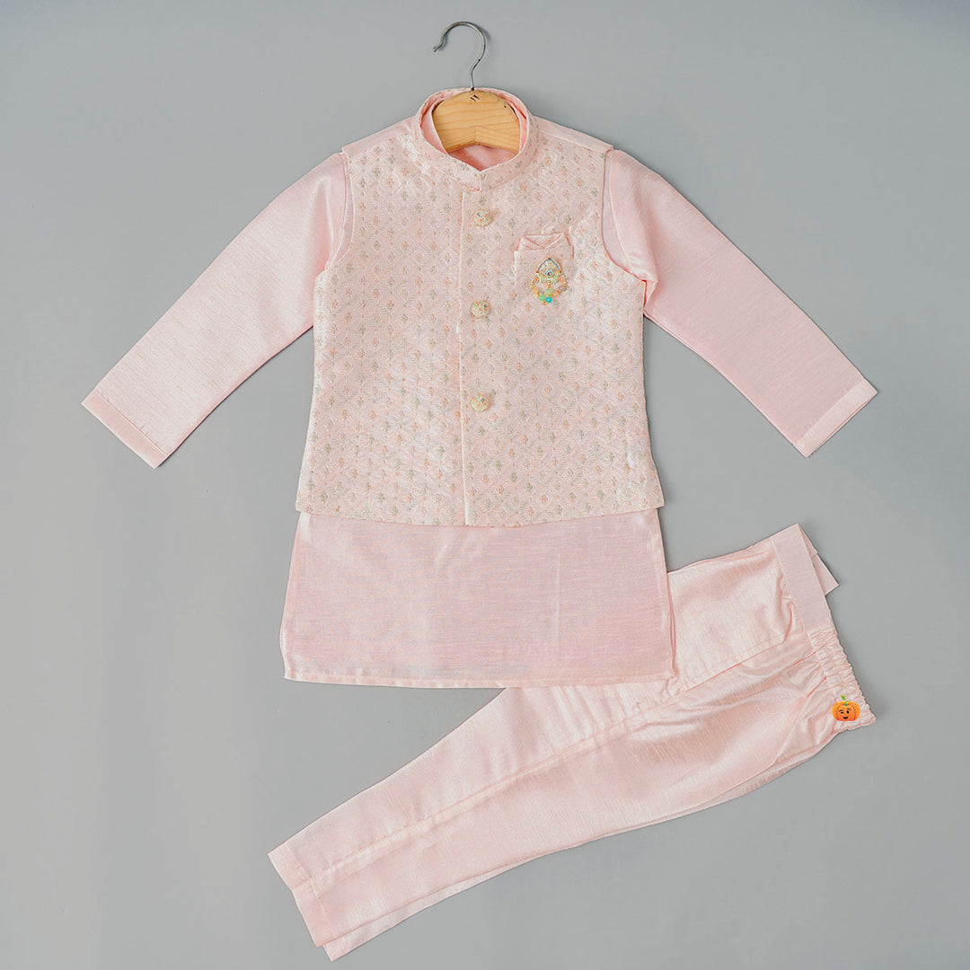 Pink Boys Kurta Pajama with Nehru Jacket Front View