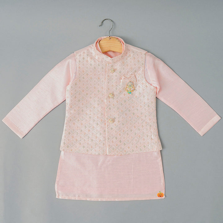 Pink Boys Kurta Pajama with Nehru Jacket Top View