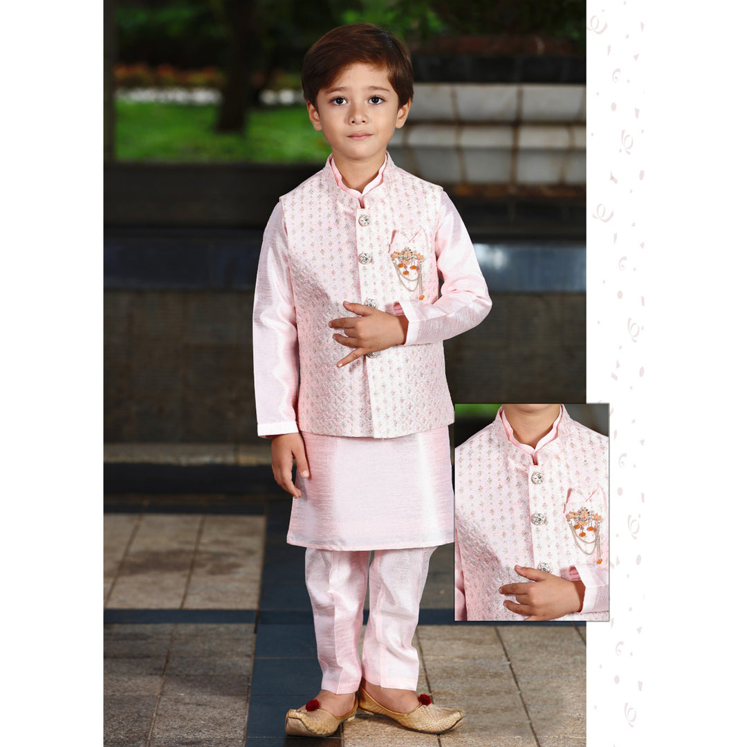 Pink Boys Kurta Pajama with Nehru Jacket Front View