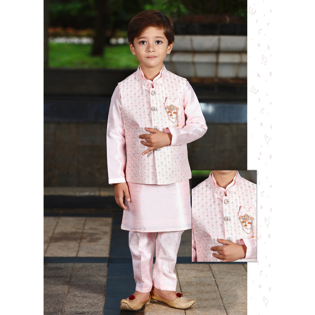 Pink Boys Kurta Pajama with Nehru Jacket
