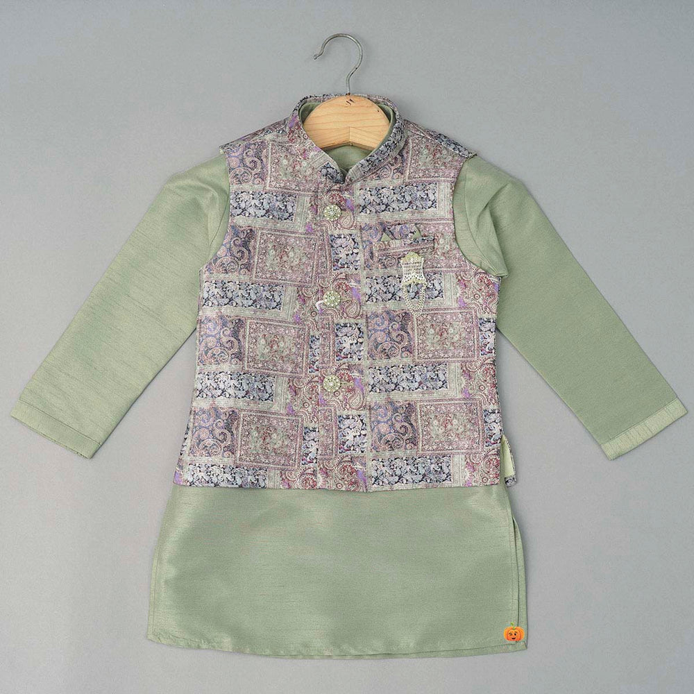 Green Boys Kurta Pajama with Nehru Jacket Top View