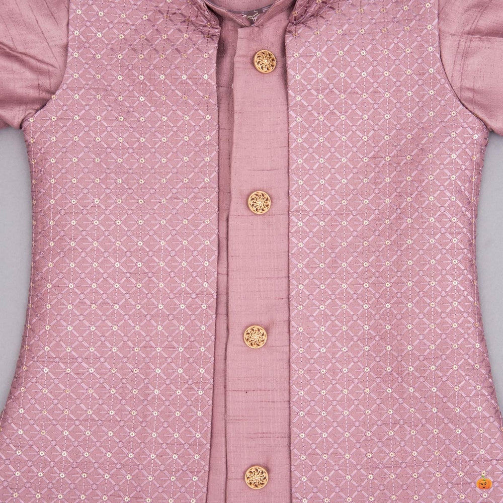 Self Print Boys Kurta Pajama with Sequin Nehru Jacket Close Up View