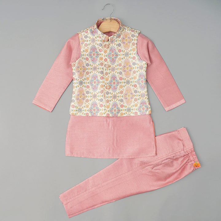 Plain Boys Kurta Pajama with Detailed Design Nehru Jacket Front View