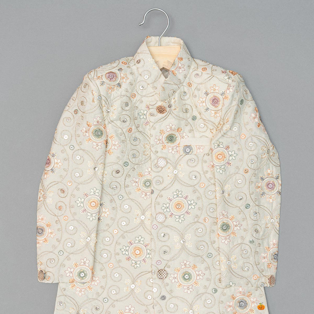 Cream Floral Embroidery Boys Sherwani Close Up View