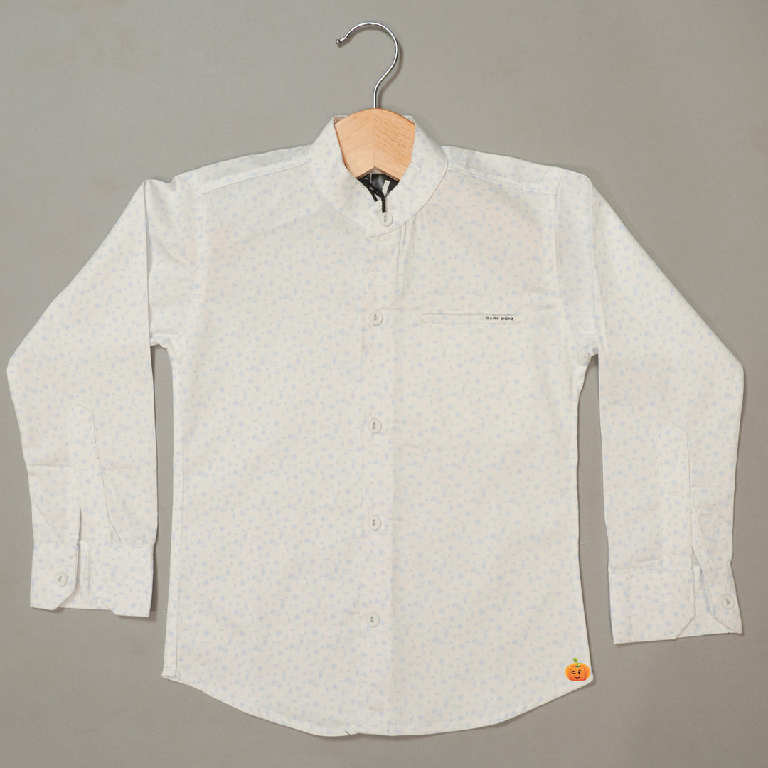 White Mandarin Collar Printed Boys Shirt Front 