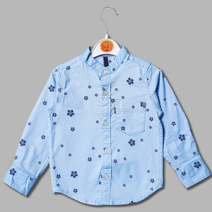 Sky Blue Flower Print Full Sleeves Shirt for Boys Front View