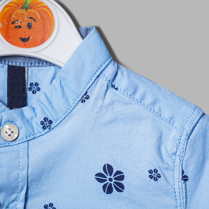 Sky Blue Flower Print Full Sleeves Shirt for Boys Close Up View