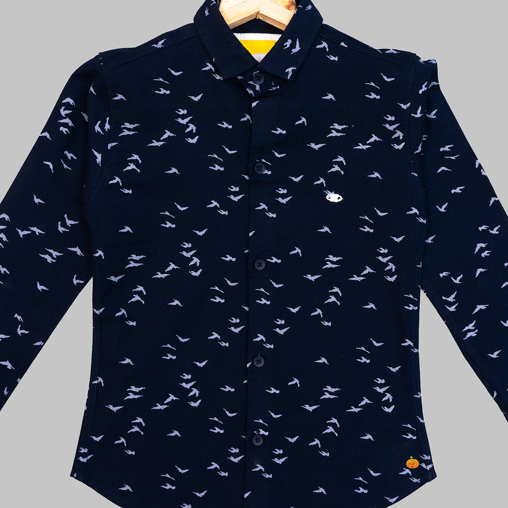 Blue Printed Full Sleeves Boys Shirt Close Up View