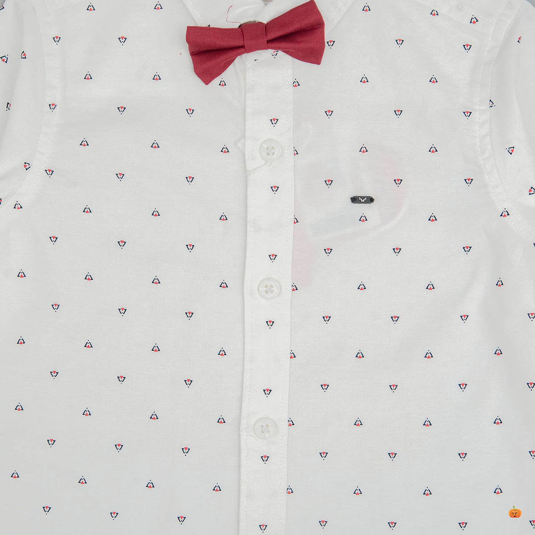 White & Blue Boys Shirt with Bow Tie Close Up View