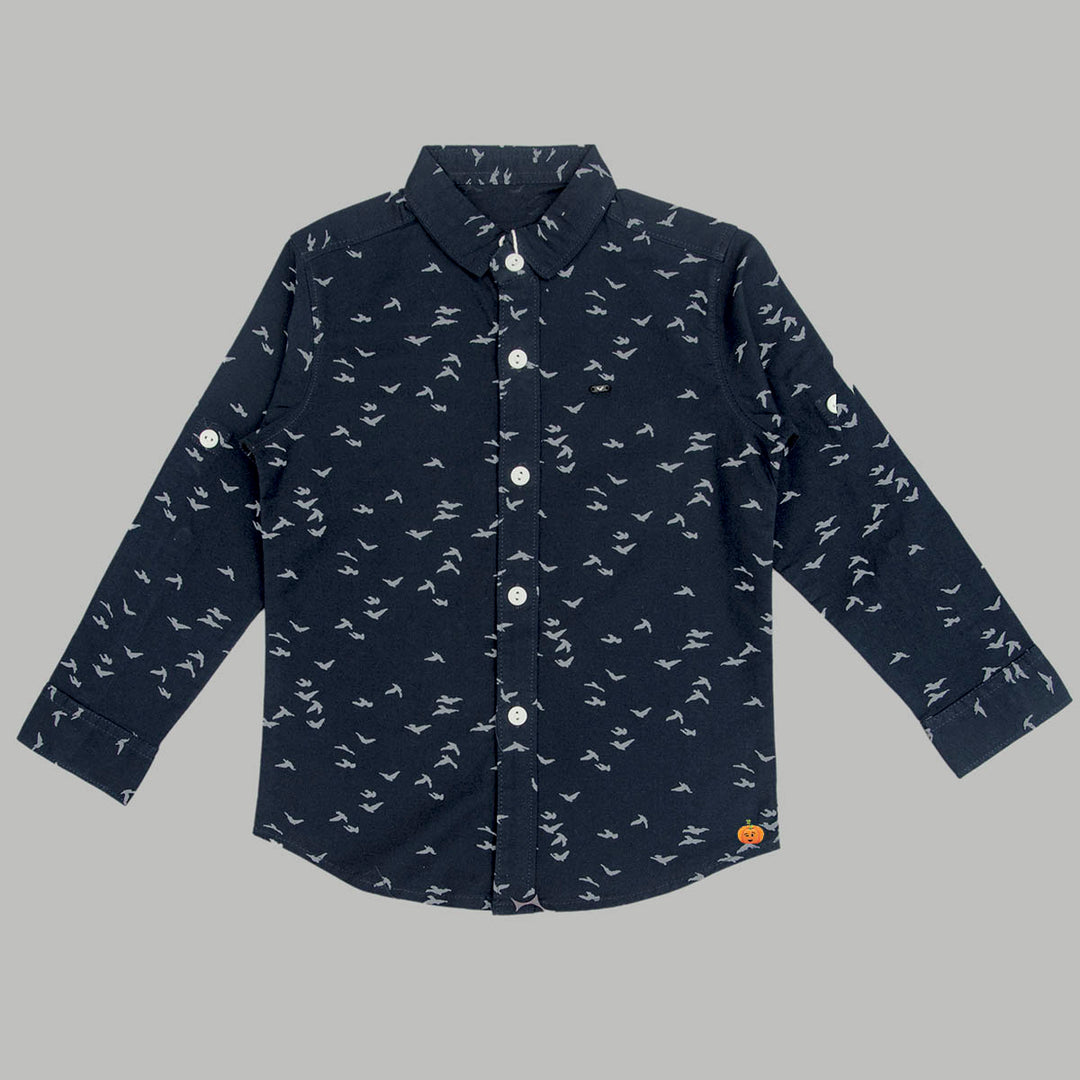 Navy Blue Printed Boys Shirt Front View