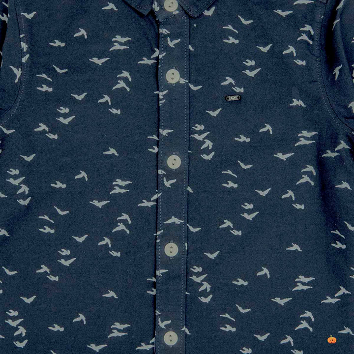 Navy Blue Printed Boys Shirt Close Up View