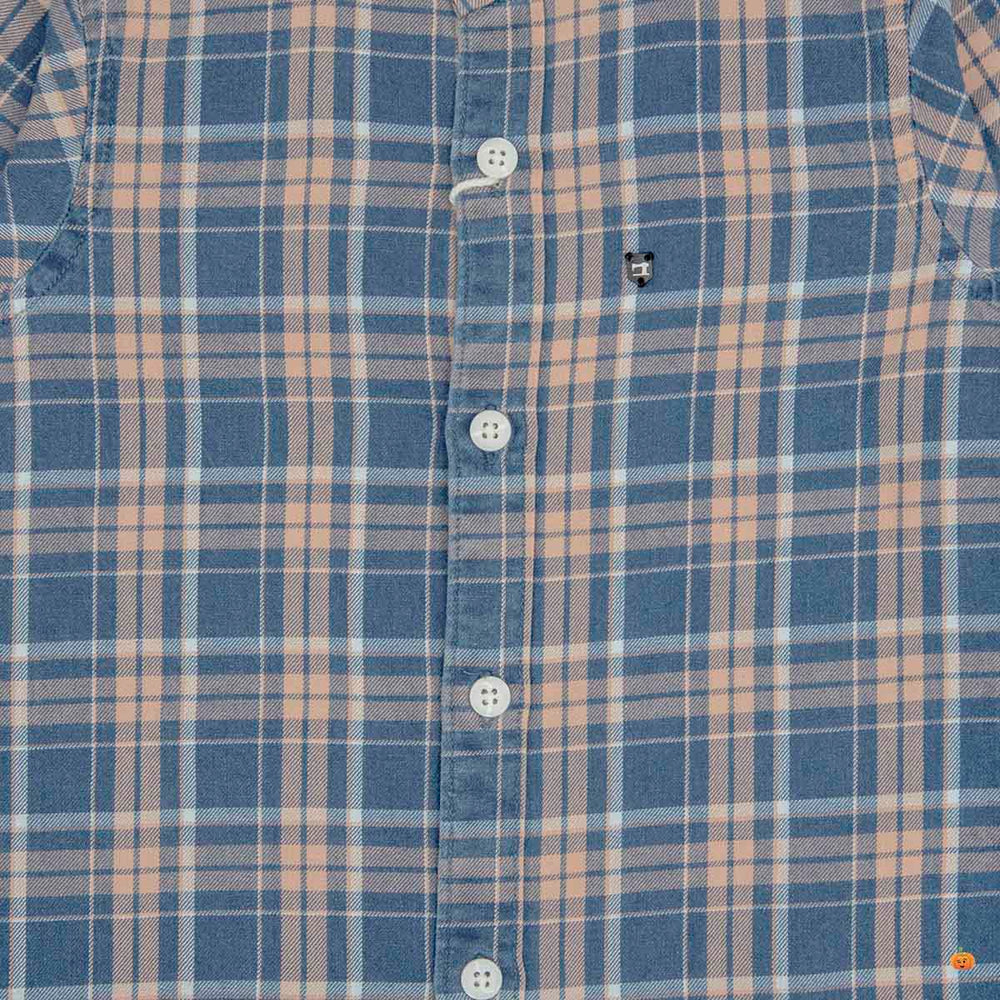 Peach Check Patterns Shirt for Boys Close Up View